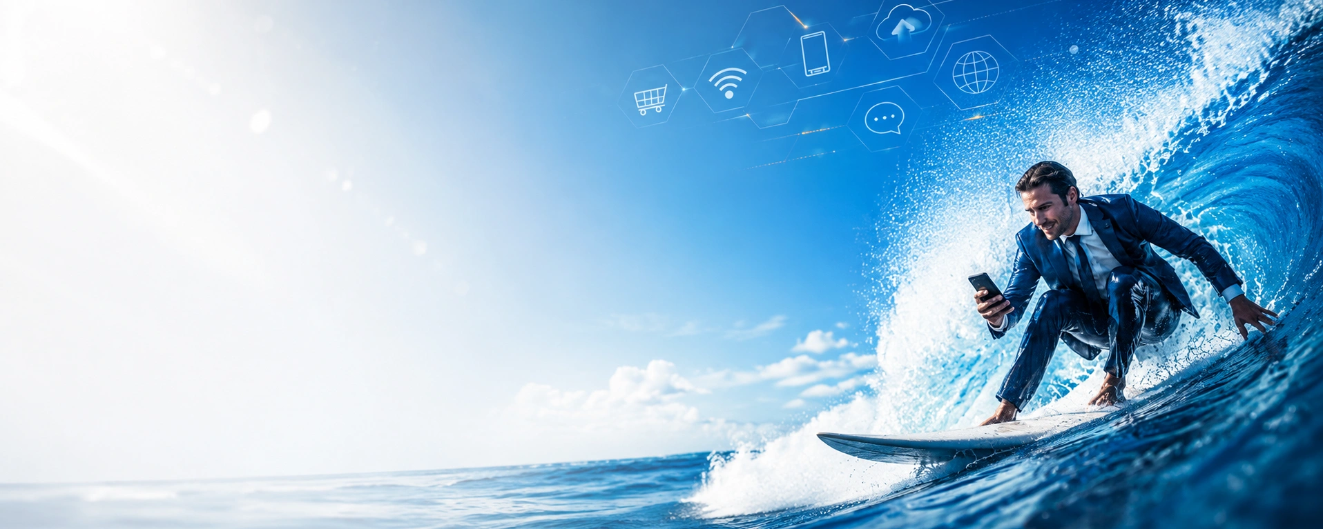 Un homme surfe avec aisance sur une vague. Il porte un costume et utilise un smartphone.